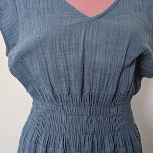 Slate Blue Smocked Waist Gauze V-Neck Dress
